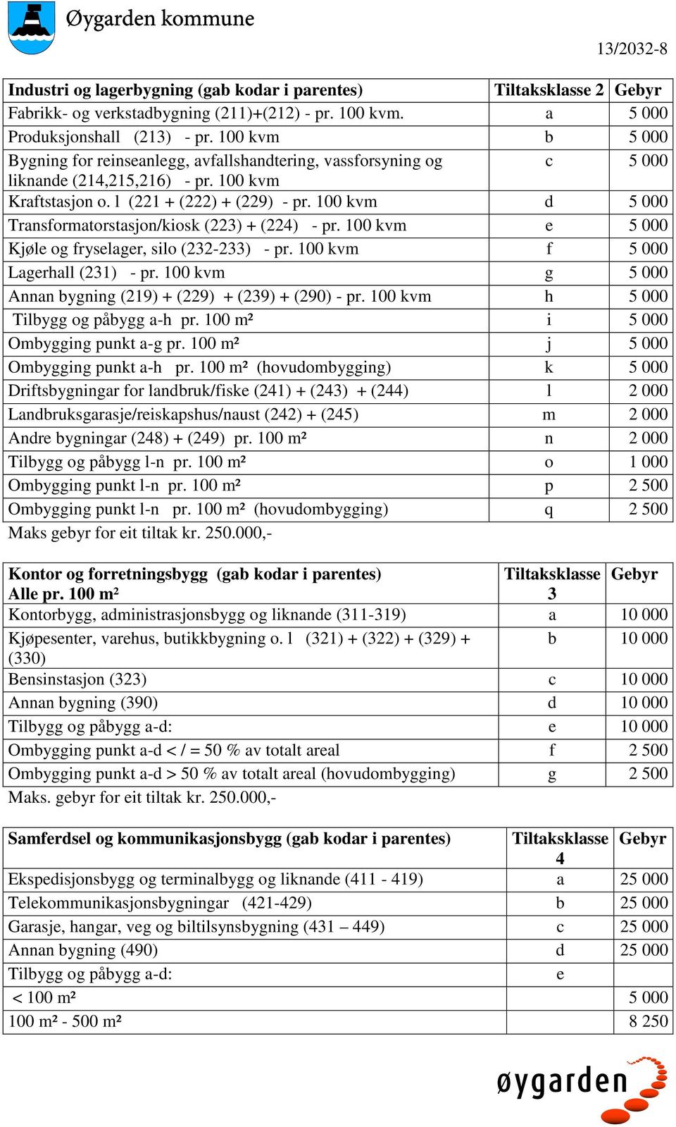 100 kvm d 5 000 Transformatorstasjon/kiosk (223) + (224) - pr. 100 kvm e 5 000 Kjøle og fryselager, silo (232-233) - pr. 100 kvm f 5 000 Lagerhall (231) - pr.