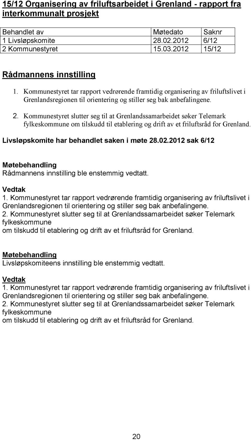 Kommunestyret slutter seg til at Grenlandssamarbeidet søker Telemark fylkeskommune om tilskudd til etablering og drift av et friluftsråd for Grenland. Livsløpskomite har behandlet saken i møte 28.02.