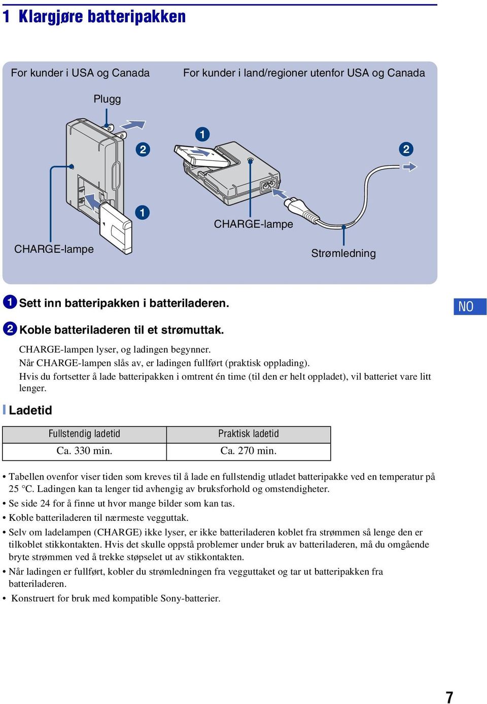 Hvis du fortsetter å lade batteripakken i omtrent én time (til den er helt oppladet), vil batteriet vare litt lenger. NO [ Ladetid Fullstendig ladetid Ca. 330 min. Praktisk ladetid Ca. 270 min.