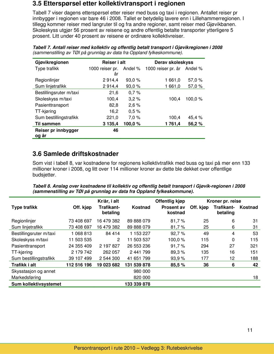 Skleskyss utgjør 56 prsent av reisene g andre ffentlig betalte transprter ytterligere 5 prsent. Litt under 40 prsent av reisene er rdinære kllektivreiser. Tabell 7.