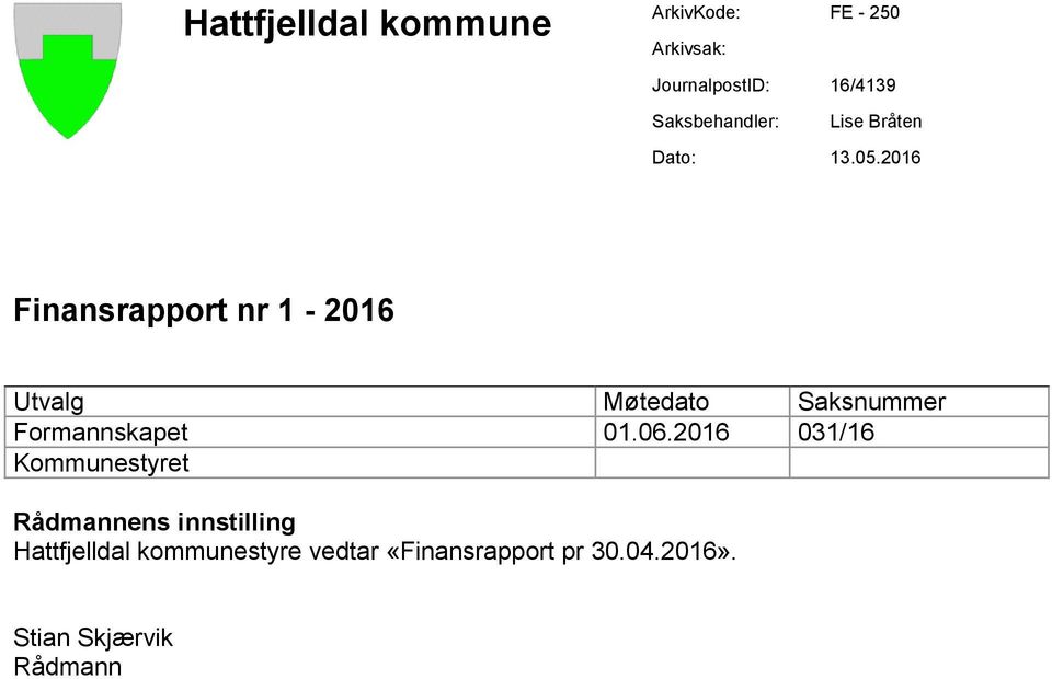 2016 Finansrapport nr 1-2016 Utvalg Møtedato Saksnummer Formannskapet 01.06.