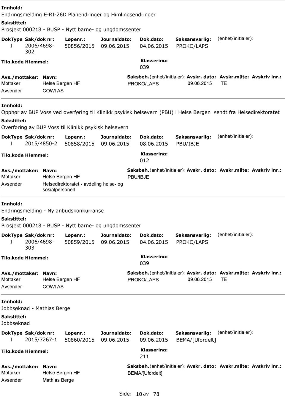 : ROKO/LAS TE COW AS Opphør av B Voss ved overføring til Klinikk psykisk helsevern (B) i Helse Bergen sendt fra Helsedirektoratet Overføring av B Voss til Klinikk psykisk helsevern 2015/4850-2