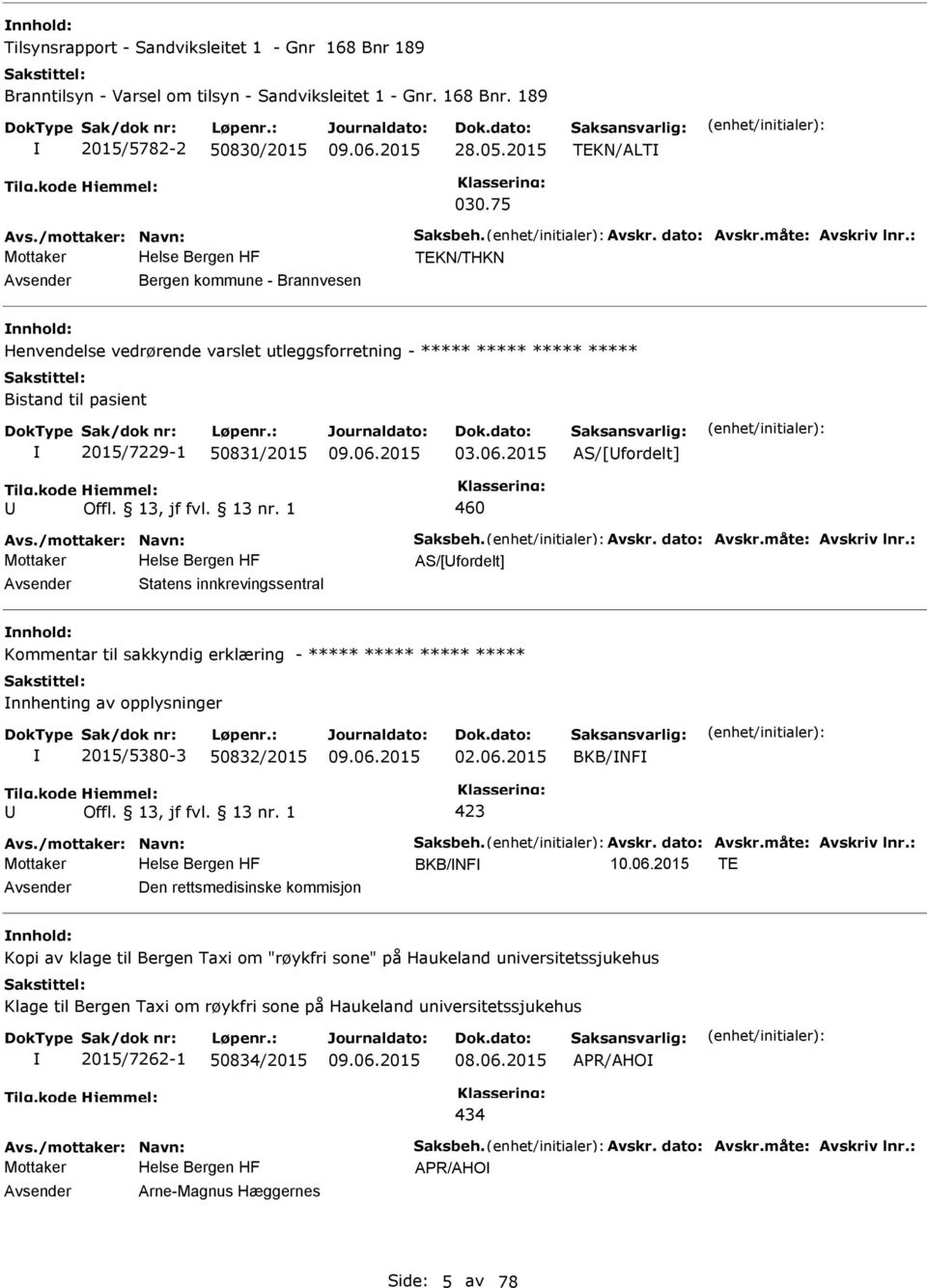 : TEKN/THKN Bergen kommune - Brannvesen Henvendelse vedrørende varslet utleggsforretning - ***** ***** ***** ***** Bistand til pasient 2015/7229-1 50831/2015 03.06.2015 AS/[fordelt] 460 Avs.