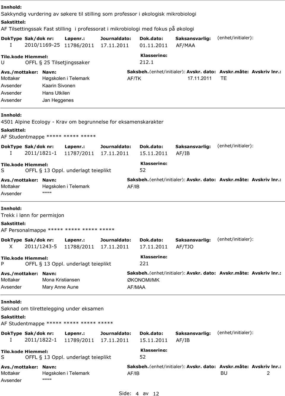 : AF/TK TE Kaarin Sivonen Hans Utkilen Jan Heggenes nnhold: 4501 Alpine Ecology - Krav om begrunnelse for eksamenskarakter AF Studentmappe ***** ***** ***** 2011/1821-1 11787/2011 15.11.2011 AF/B S ***** 52 Saksbeh.