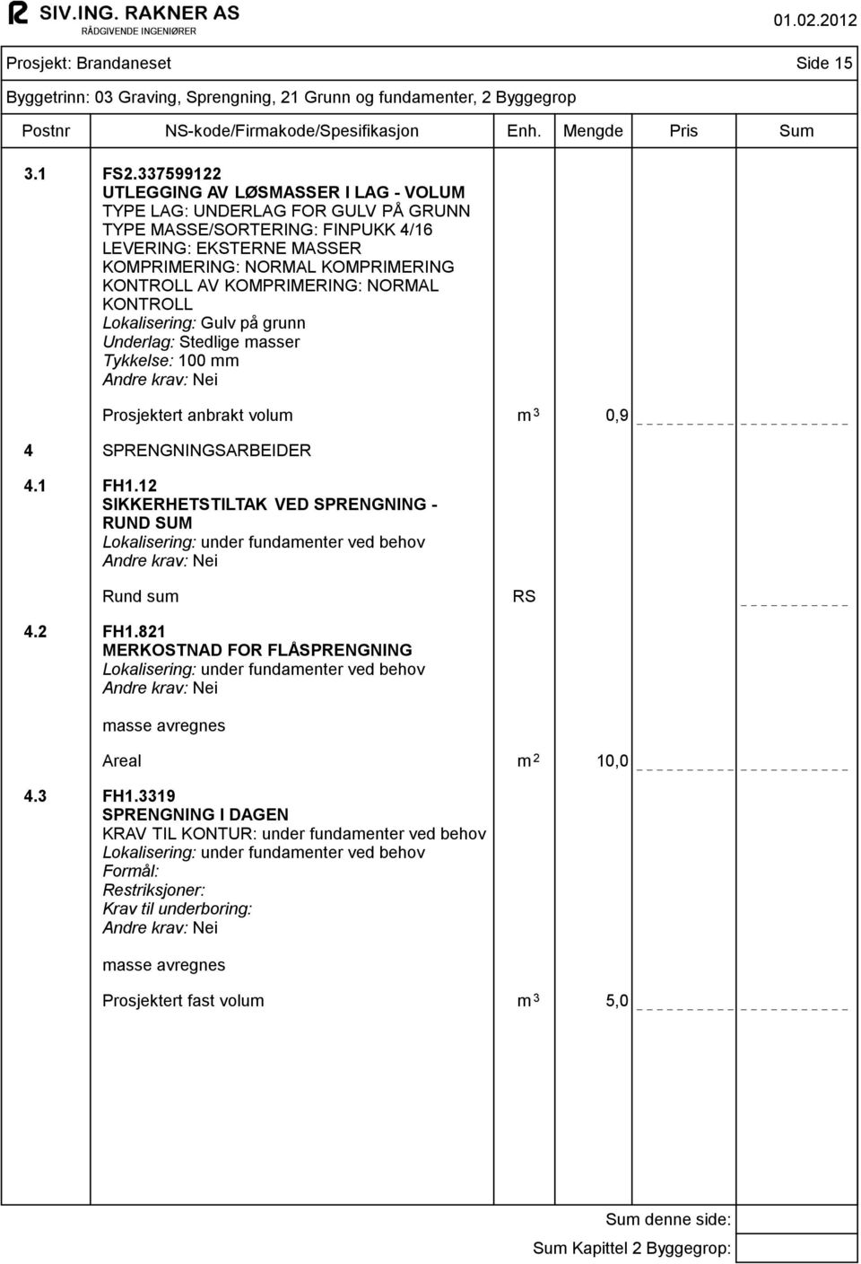 KOMPRIMERING: NORMAL KONTROLL Lokalisering: Gulv på grunn Underlag: Stedlige masser Tykkelse: 100 mm Prosjektert anbrakt volum m 3 0,9 4 SPRENGNINGSARBEIDER 4.1 FH1.