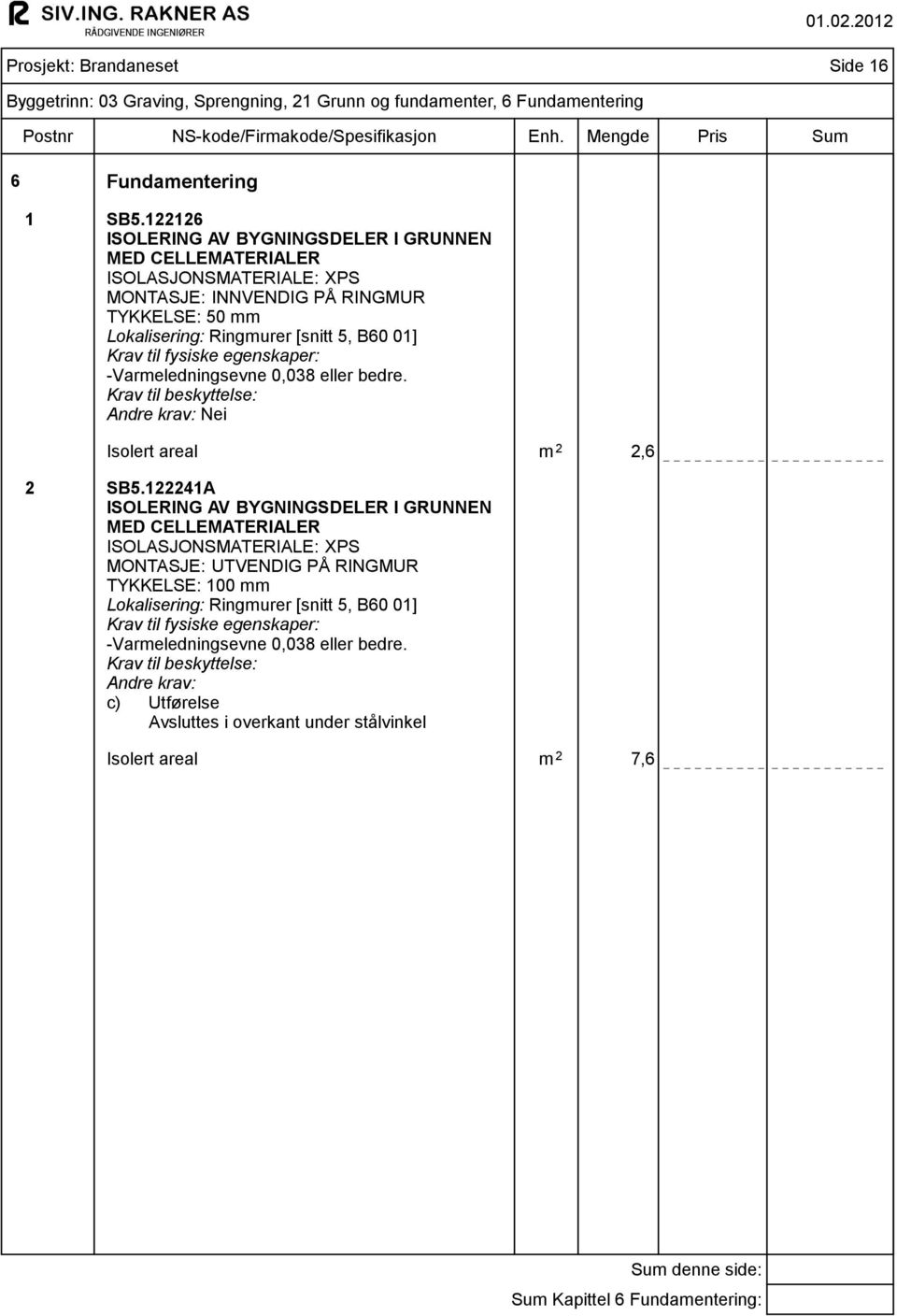 egenskaper: -Varmeledningsevne 0,038 eller bedre. Krav til beskyttelse: Isolert areal m 2 2,6 2 SB5.