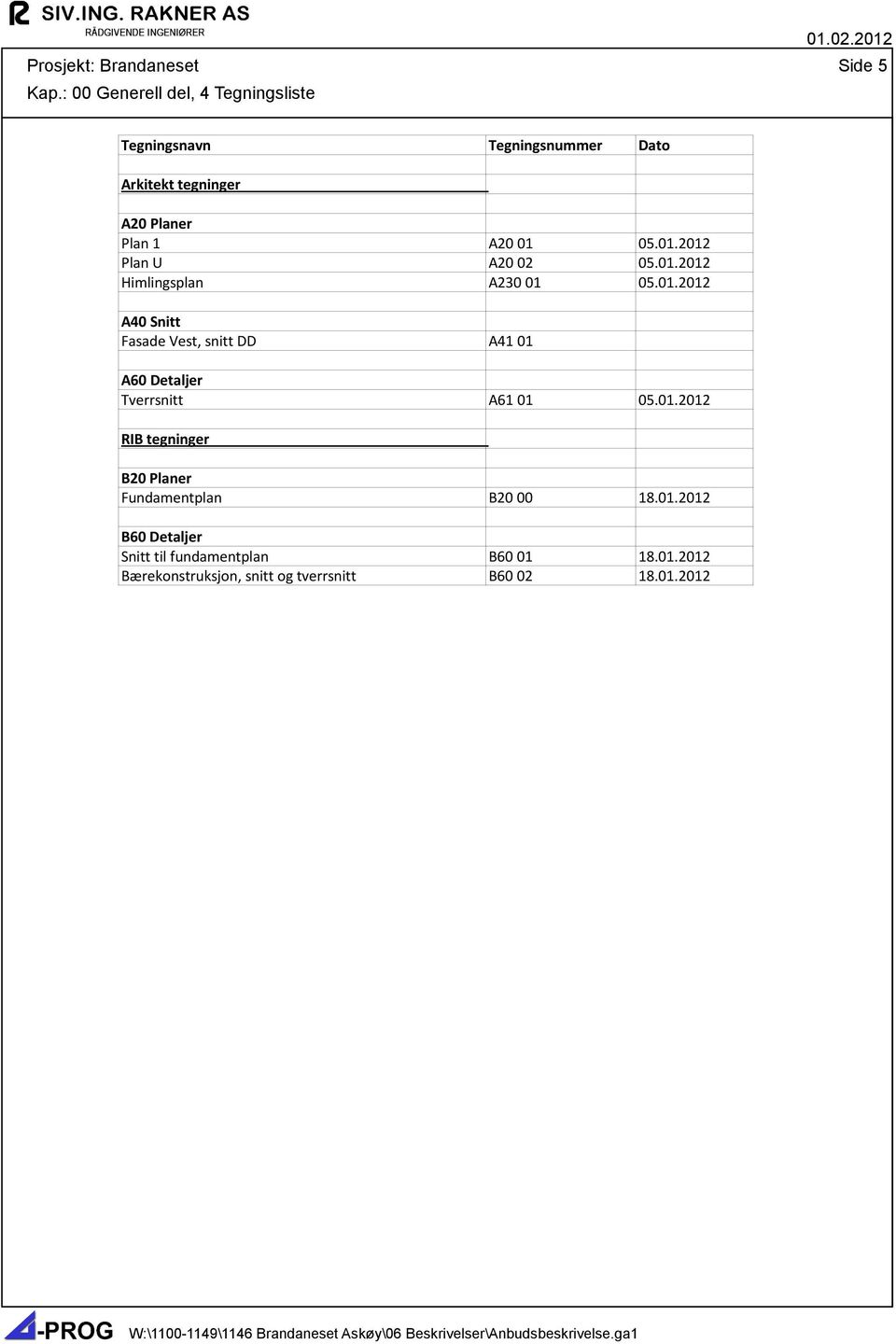 01.2012 Himlingsplan A230 01 05.01.2012 A40 Snitt Fasade Vest, snitt DD A41 01 A60 Detaljer Tverrsnitt A61 01 05.01.2012 RIB tegninger B20 Planer Fundamentplan B20 00 18.