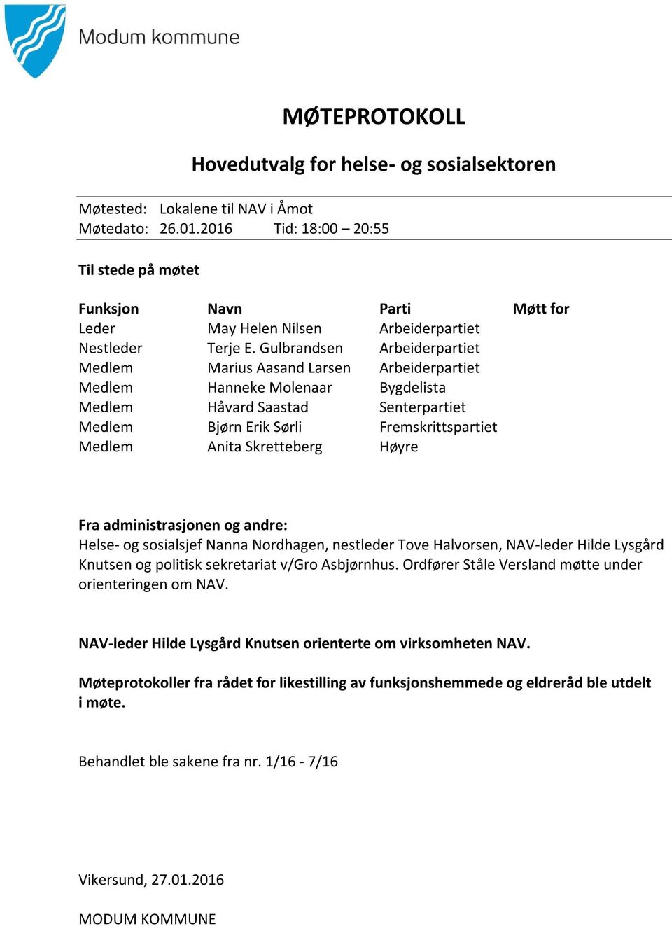 Gulbrandsen Arbeiderpartiet Medlem Marius Aasand Larsen Arbeiderpartiet Medlem Hanneke Molenaar Bygdelista Medlem Håvard Saastad Senterpartiet Medlem Bjørn Erik Sørli Fremskrittspartiet Medlem Anita