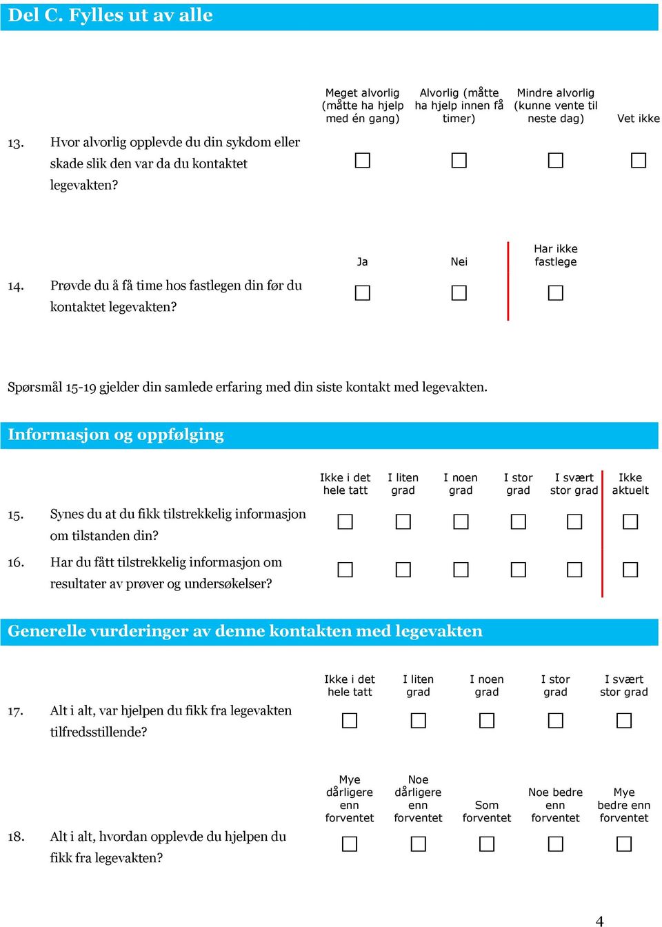 Spørsmål 15-19 gjelder din samlede erfaring med din siste kontakt med legevakten. Informasjon og oppfølging stor Ikke aktuelt 15. Synes du at du fikk tilstrekkelig informasjon om tilstanden din? 16.