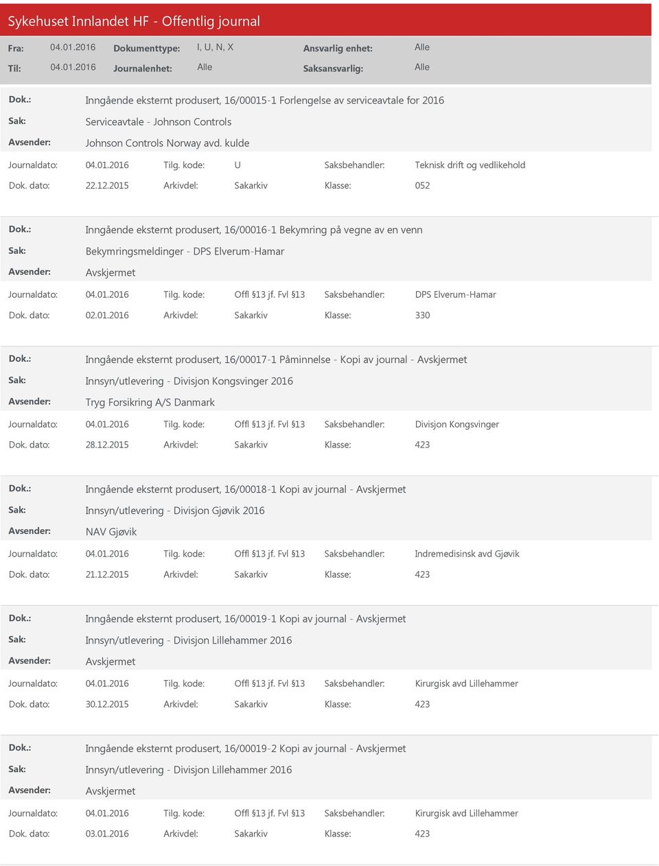 330 Inngående eksternt produsert, 16/00017-1 Påminnelse - Kopi av journal - Innsyn/utlevering - Divisjon Kongsvinger 2016 Tryg Forsikring A/S Danmark Divisjon Kongsvinger Dok. dato: 28.12.