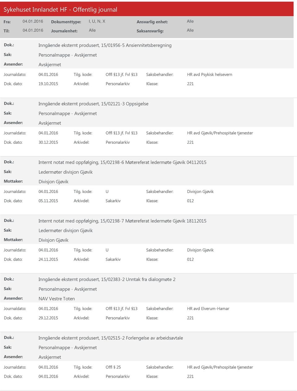 dato: 05.11.2015 Arkivdel: Sakarkiv 012 Internt notat med oppfølging, 15/02198-7 Møtereferat ledermøte Gjøvik 18112015 Mottaker: Ledermøter divisjon Gjøvik Divisjon Gjøvik Divisjon Gjøvik Dok.