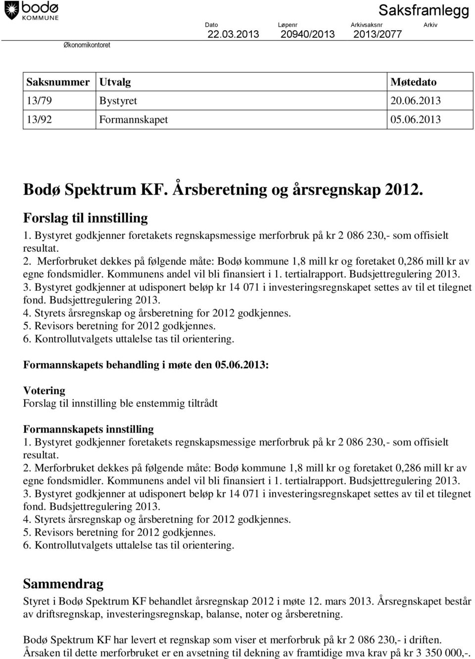 Kommunens andel vil bli finansiert i 1. tertialrapport. Budsjettregulering 2013. 3. Bystyret godkjenner at udisponert beløp kr 14 071 i investeringsregnskapet settes av til et tilegnet fond.