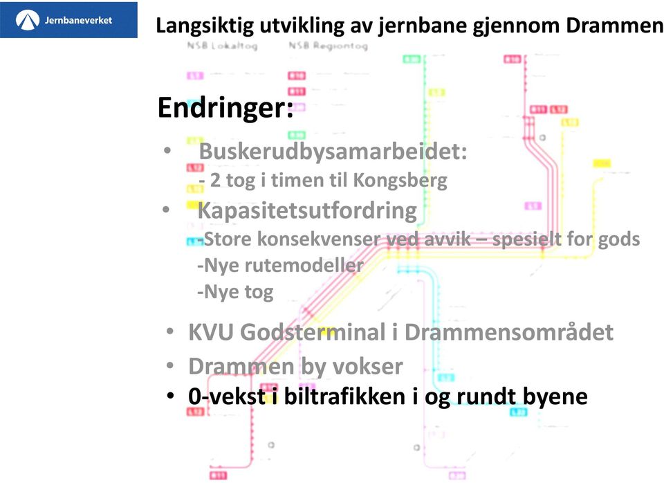 -Store konsekvenser ved avvik spesielt for gods -Nye rutemodeller -Nye tog