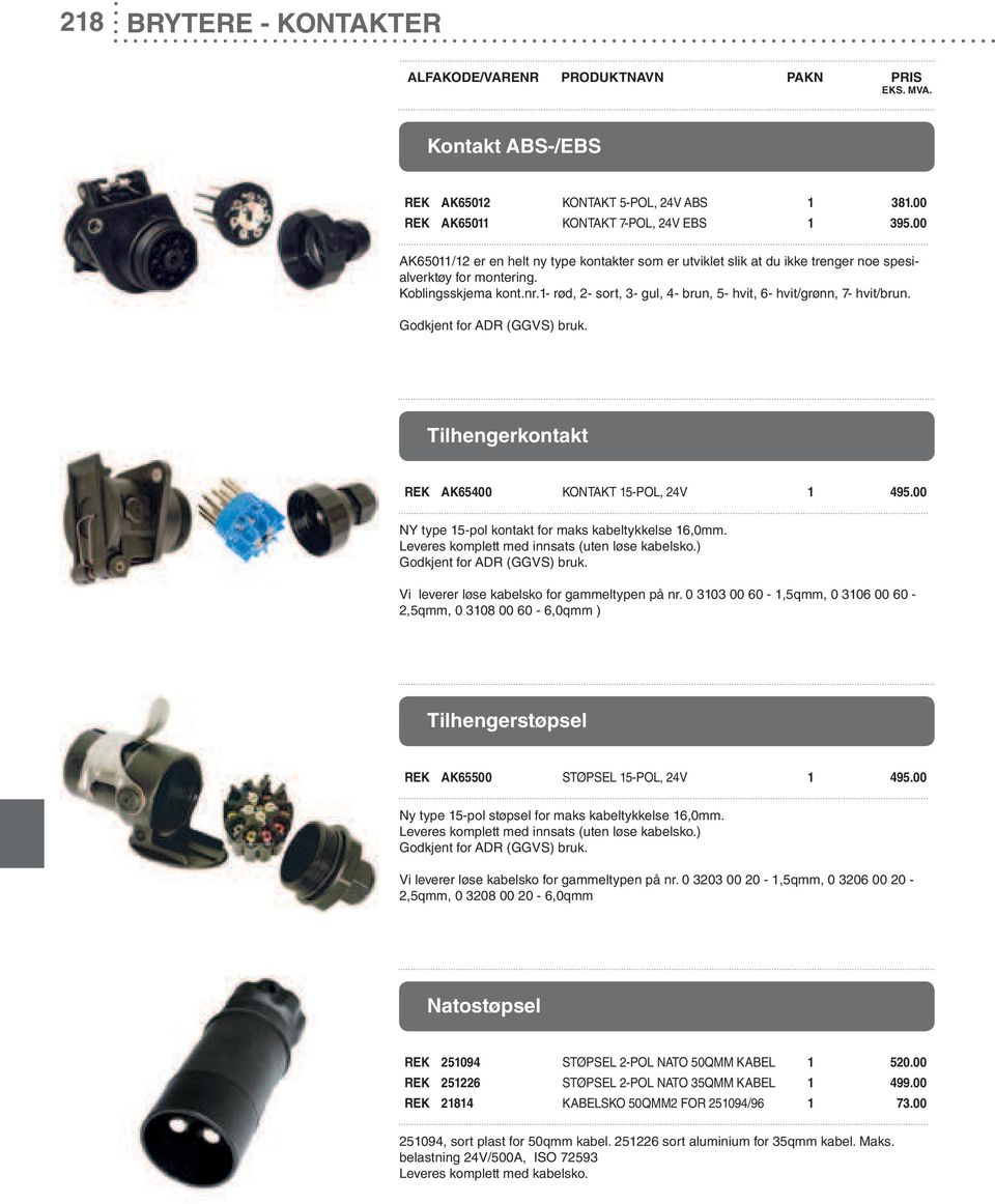 1- rød, 2- sort, 3- gul, 4- brun, 5- hvit, 6- hvit/grønn, 7- hvit/brun. Godkjent for ADR (GGVS) bruk. Tilhengerkontakt REK AK65400 KONTAKT 15-POL, 24V 1 495.