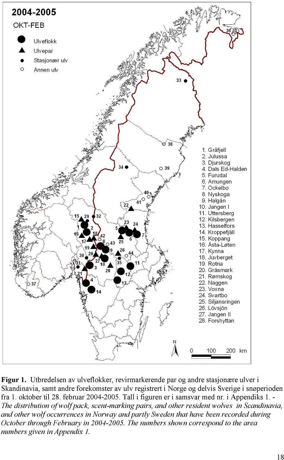 delvis Sverige i snøperioden fra 1. oktober til 28. februar 2004-2005. Tall i figuren er i samsvar med nr. i Appendiks 1.