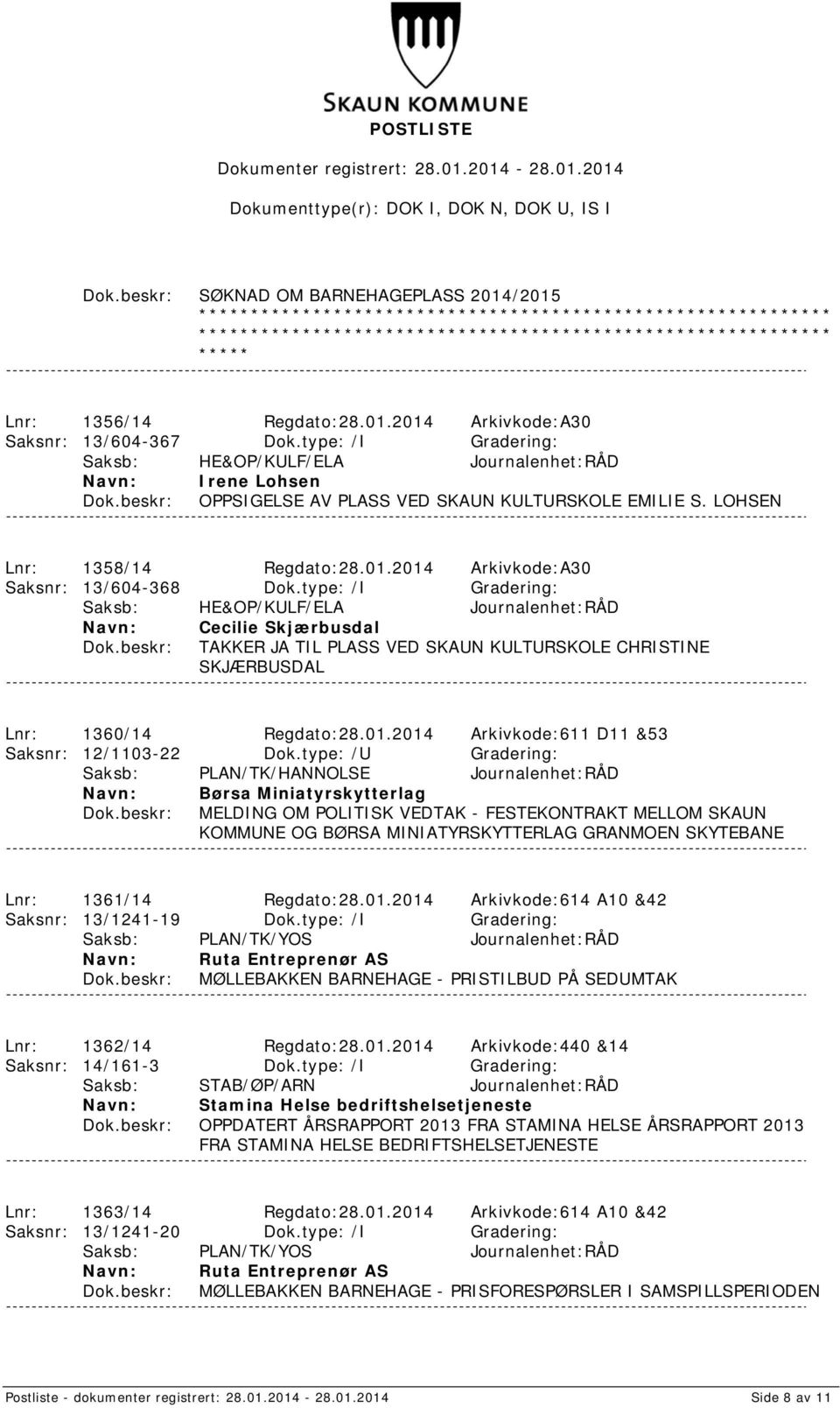 type: /I Gradering: Saksb: HE&OP/KULF/ELA Journalenhet:RÅD Cecilie Skjærbusdal TAKKER JA TIL PLASS VED SKAUN KULTURSKOLE CHRISTINE SKJÆRBUSDAL Lnr: 1360/14 Regdato:28.01.