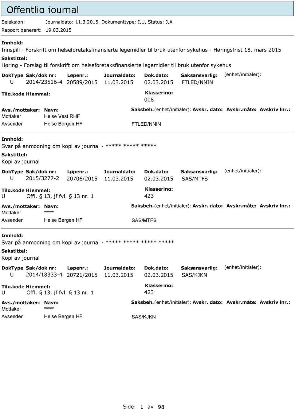 dato: Avskr.måte: Avskriv lnr.: Mottaker Helse Vest RHF FTLED/NNN Svar på anmodning om kopi av journal - ***** ***** ***** Kopi av journal 2015/3277-2 20706/2015 02.03.2015 SAS/MTFS 423 Avs.