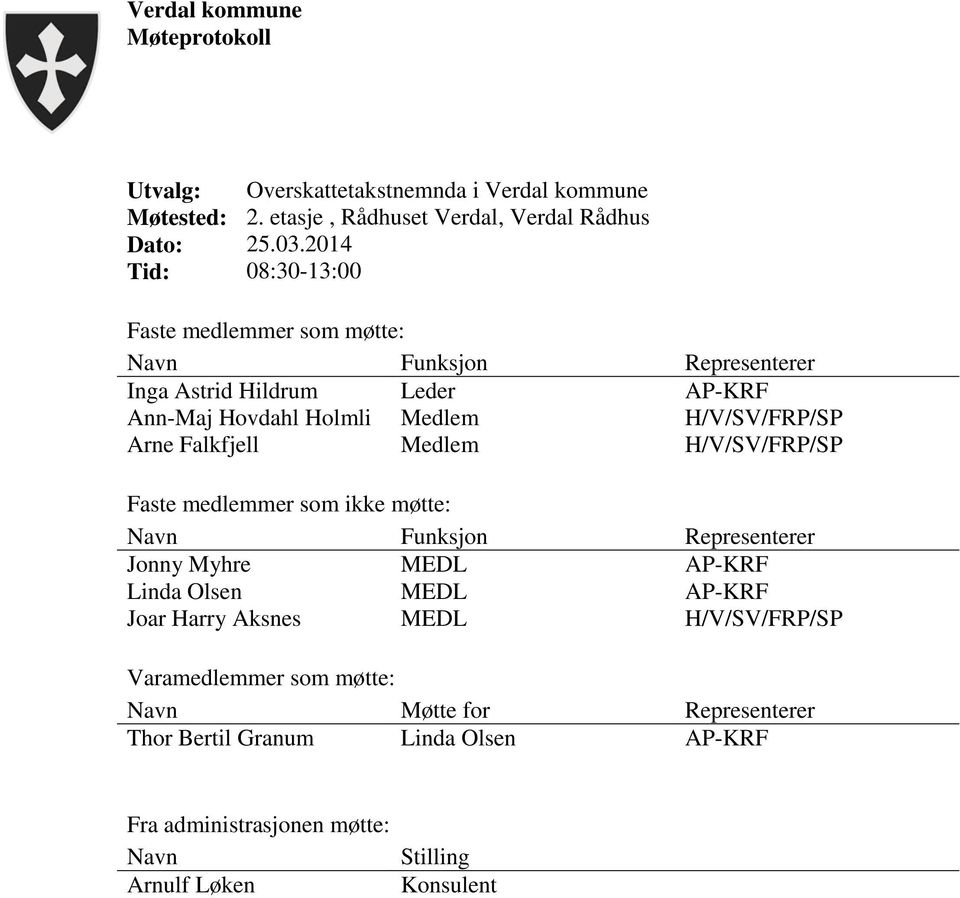 Arne Falkfjell Medlem H/V/SV/FRP/SP Faste medlemmer som ikke møtte: Navn Funksjon Representerer Jonny Myhre MEDL AP-KRF Linda Olsen MEDL AP-KRF Joar Harry