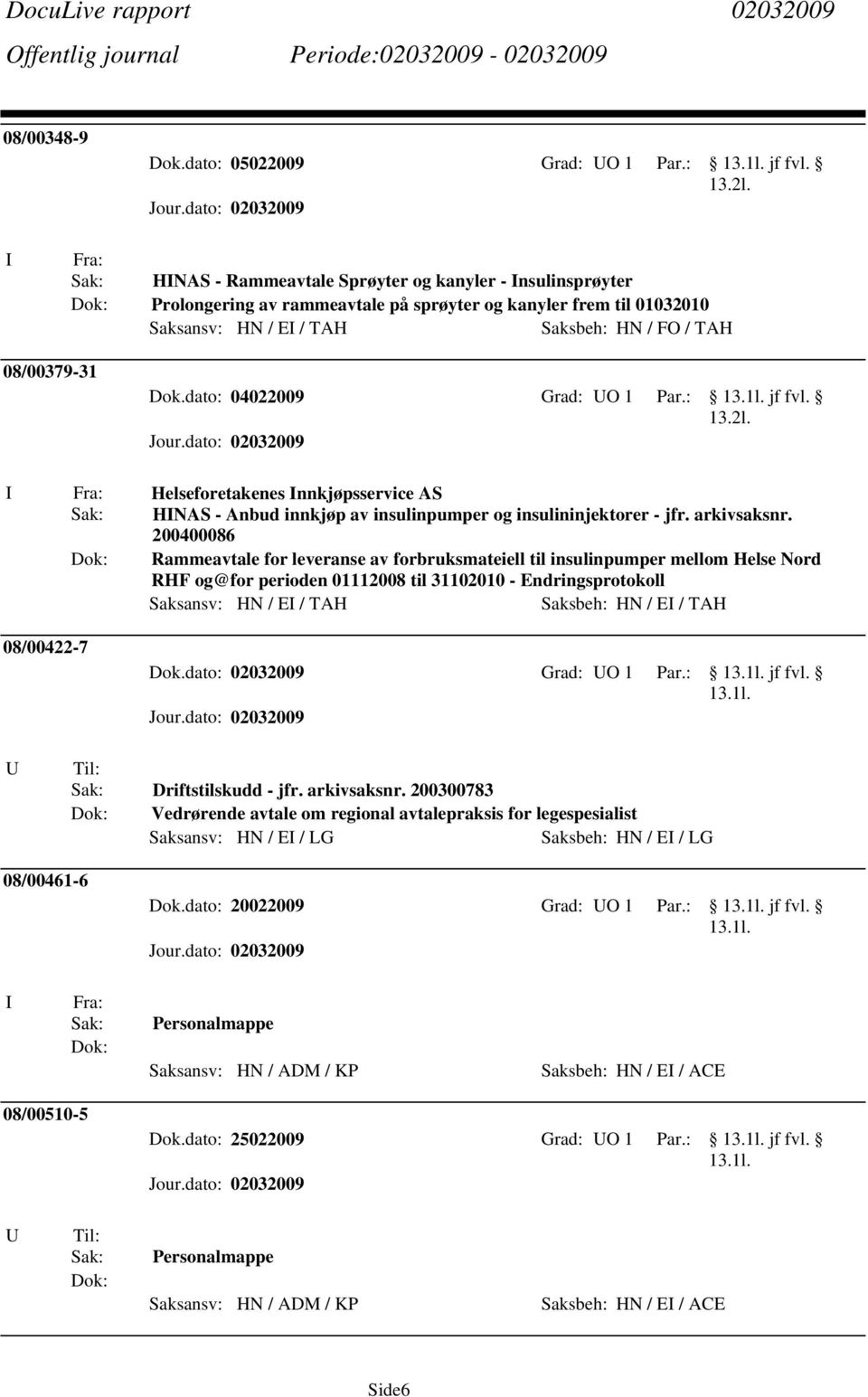 dato: 04022009 Grad: O 1 Par.: jf fvl. 13.2l. Helseforetakenes nnkjøpsservice AS HNAS - Anbud innkjøp av insulinpumper og insulininjektorer - jfr. arkivsaksnr.