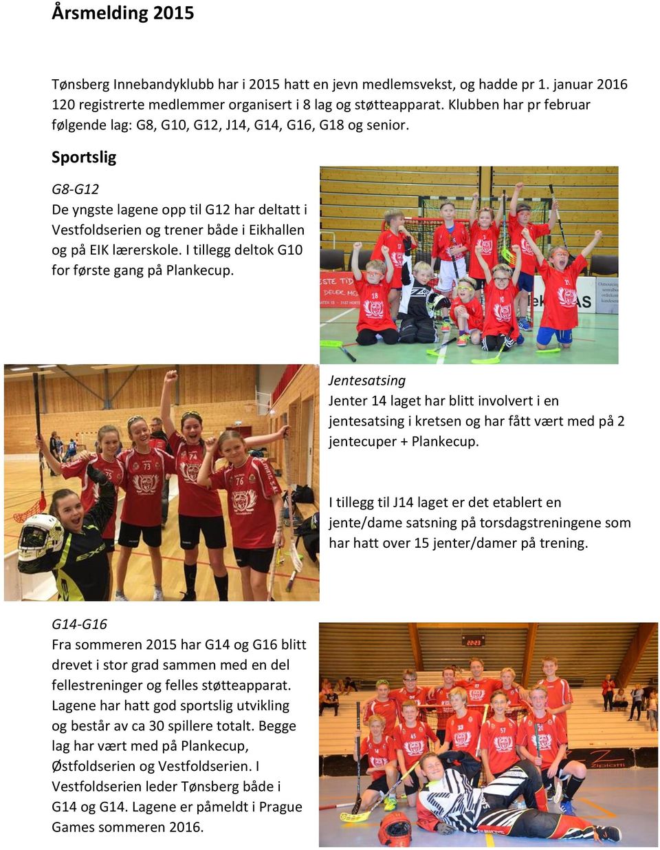 Sportslig G8-G12 De yngste lagene opp til G12 har deltatt i Vestfoldserien og trener både i Eikhallen og på EIK lærerskole. I tillegg deltok G10 for første gang på Plankecup.