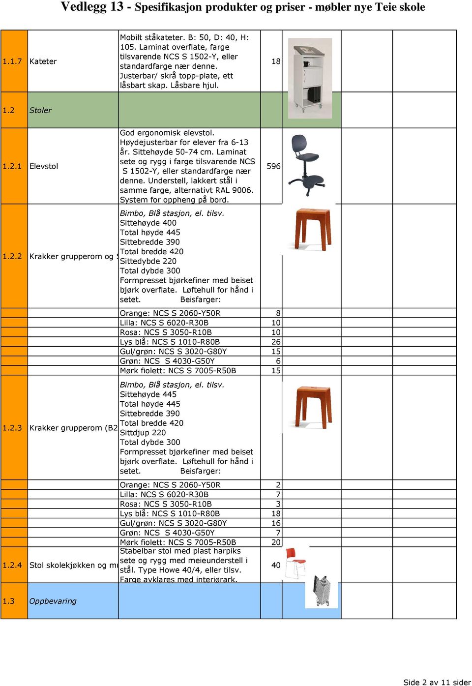 Sittehøyde 50-74 cm. Laminat sete og rygg i farge tilsvarende NCS S 502-Y, eller standardfarge nær denne. Understell, lakkert stål i samme farge, alternativt RAL 9006. System for oppheng på bord.