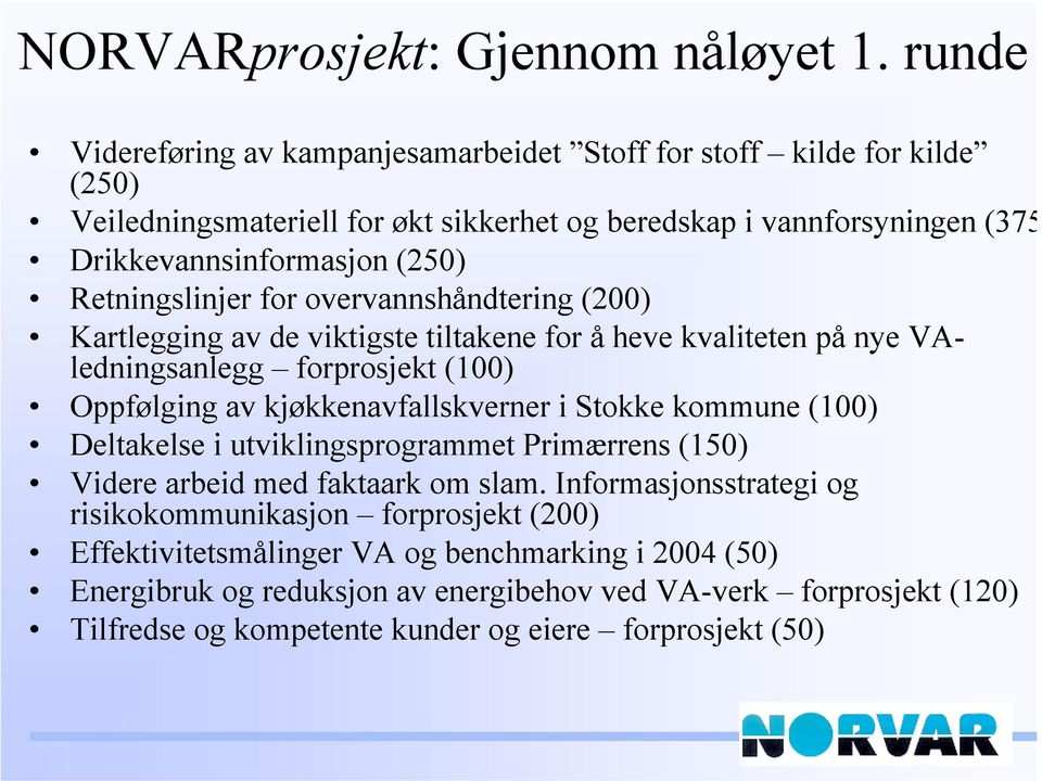 Retningslinjer for overvannshåndtering (200) Kartlegging av de viktigste tiltakene for å heve kvaliteten på nye VAledningsanlegg forprosjekt (100) Oppfølging av kjøkkenavfallskverner i