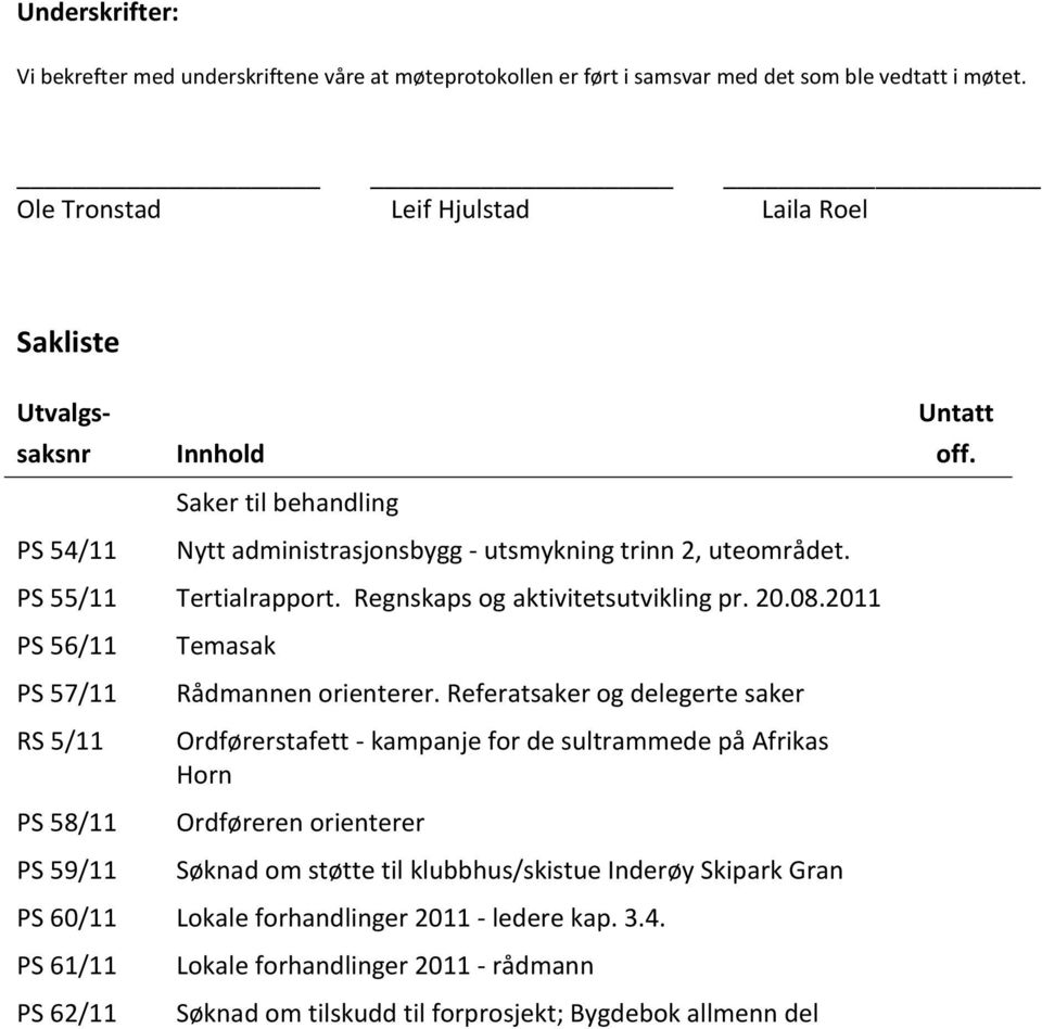 PS 55/11 Tertialrapport. Regnskaps og aktivitetsutvikling pr. 20.08.2011 PS 56/11 PS 57/11 RS 5/11 PS 58/11 PS 59/11 Temasak Rådmannen orienterer.