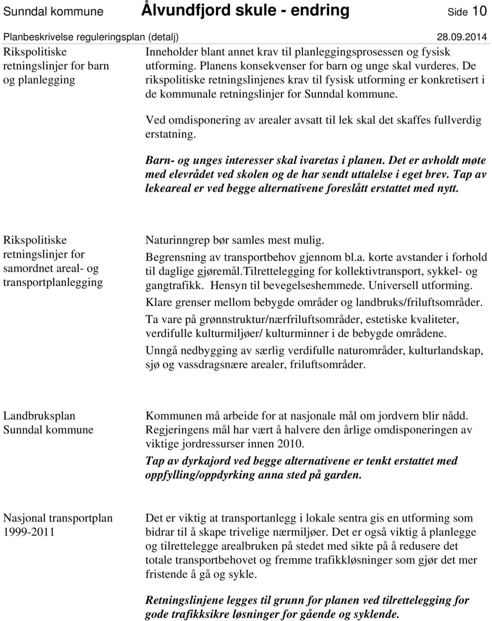 Ved omdisponering av arealer avsatt til lek skal det skaffes fullverdig erstatning. Barn- og unges interesser skal ivaretas i planen.