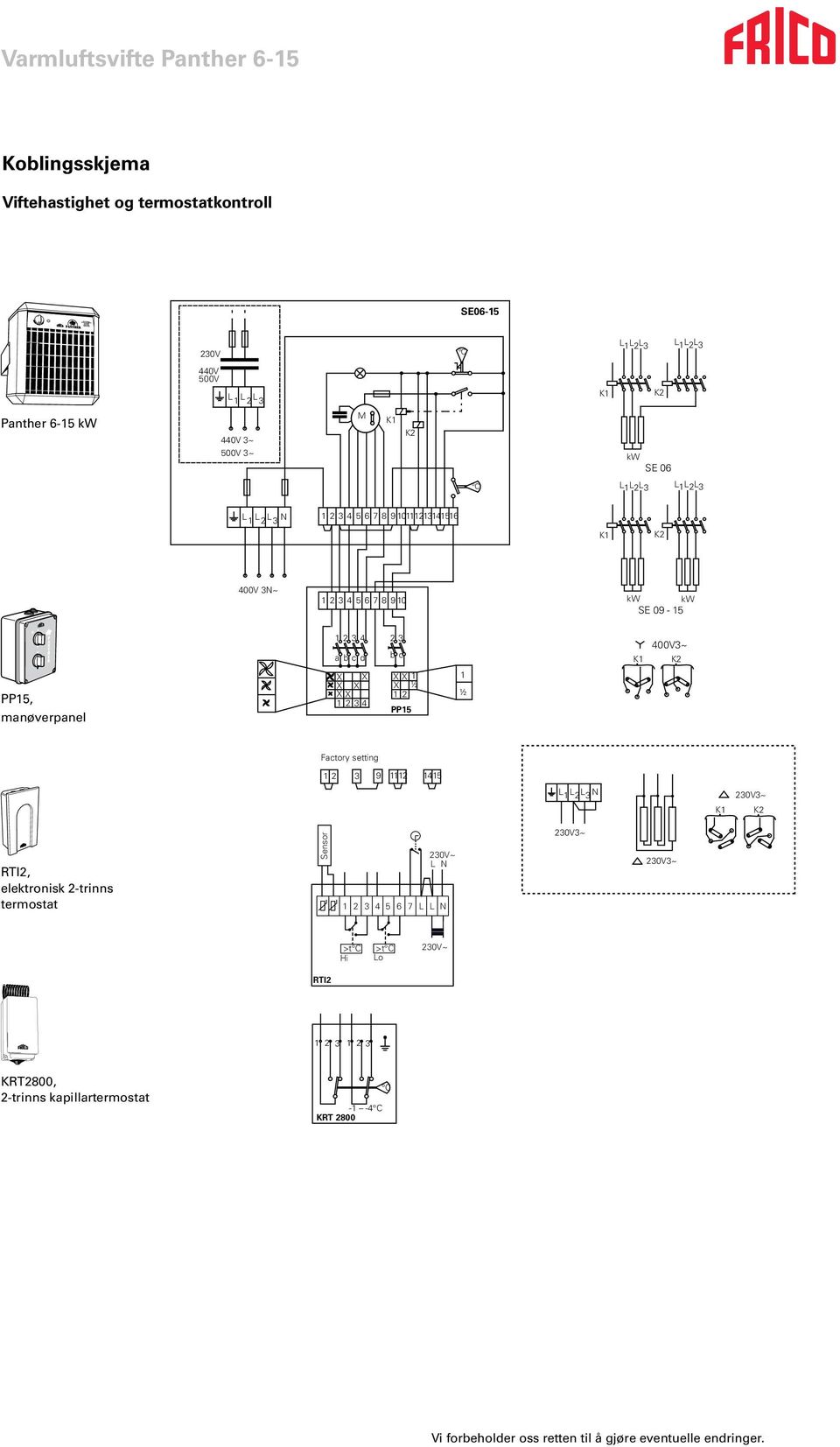 X 3 4 X X X ½ 1 1 ½ Factory setting 1 2 3 9 11 1415 L 1 L 2 L 3 N 230V3~ RTI2, elektronisk 2-trinns termostat Sensor 230V~ L N 1 2 3 4 5 6 L L N 230V3~