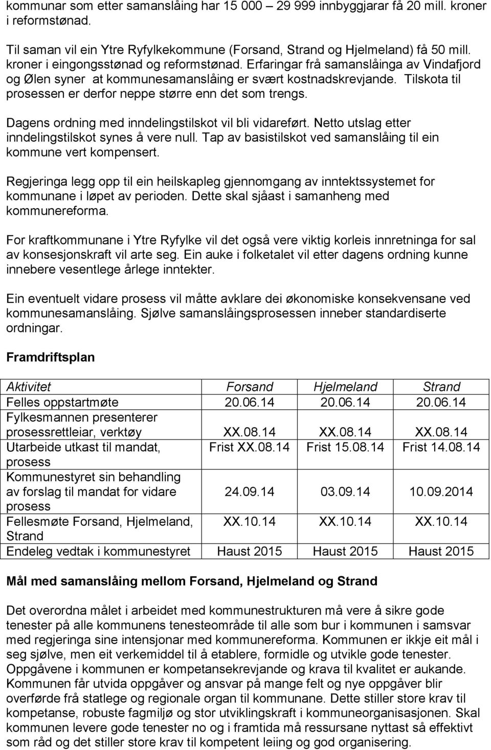 Tilskota til prosessen er derfor neppe større enn det som trengs. Dagens ordning med inndelingstilskot vil bli vidareført. Netto utslag etter inndelingstilskot synes å vere null.