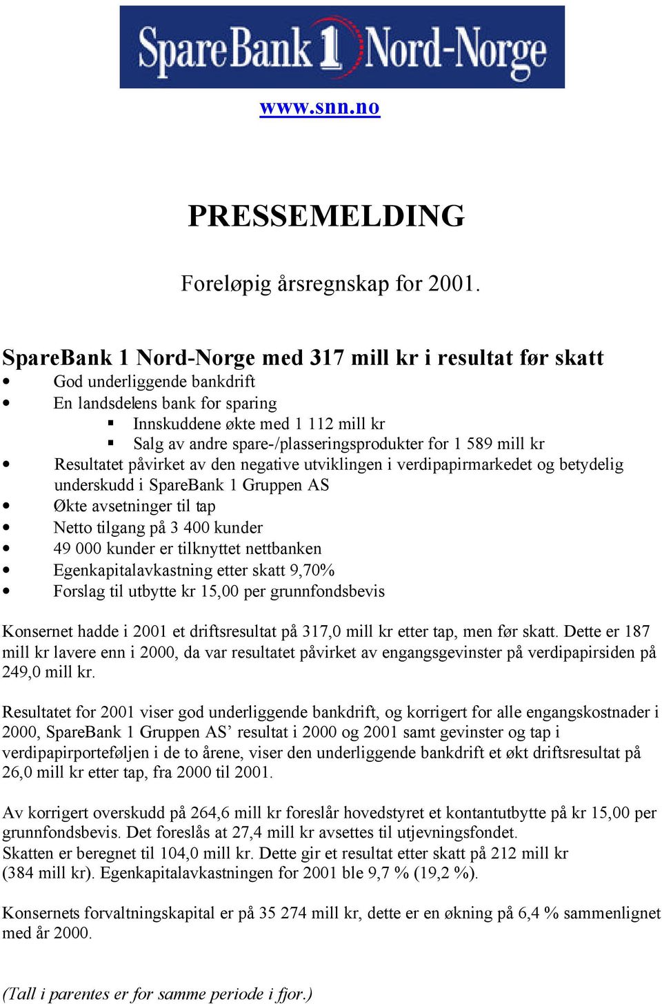 for 1 589 mill kr Resultatet påvirket av den negative utviklingen i verdipapirmarkedet og betydelig underskudd i SpareBank 1 Gruppen AS Økte avsetninger til tap Netto tilgang på 3 400 kunder 49 000