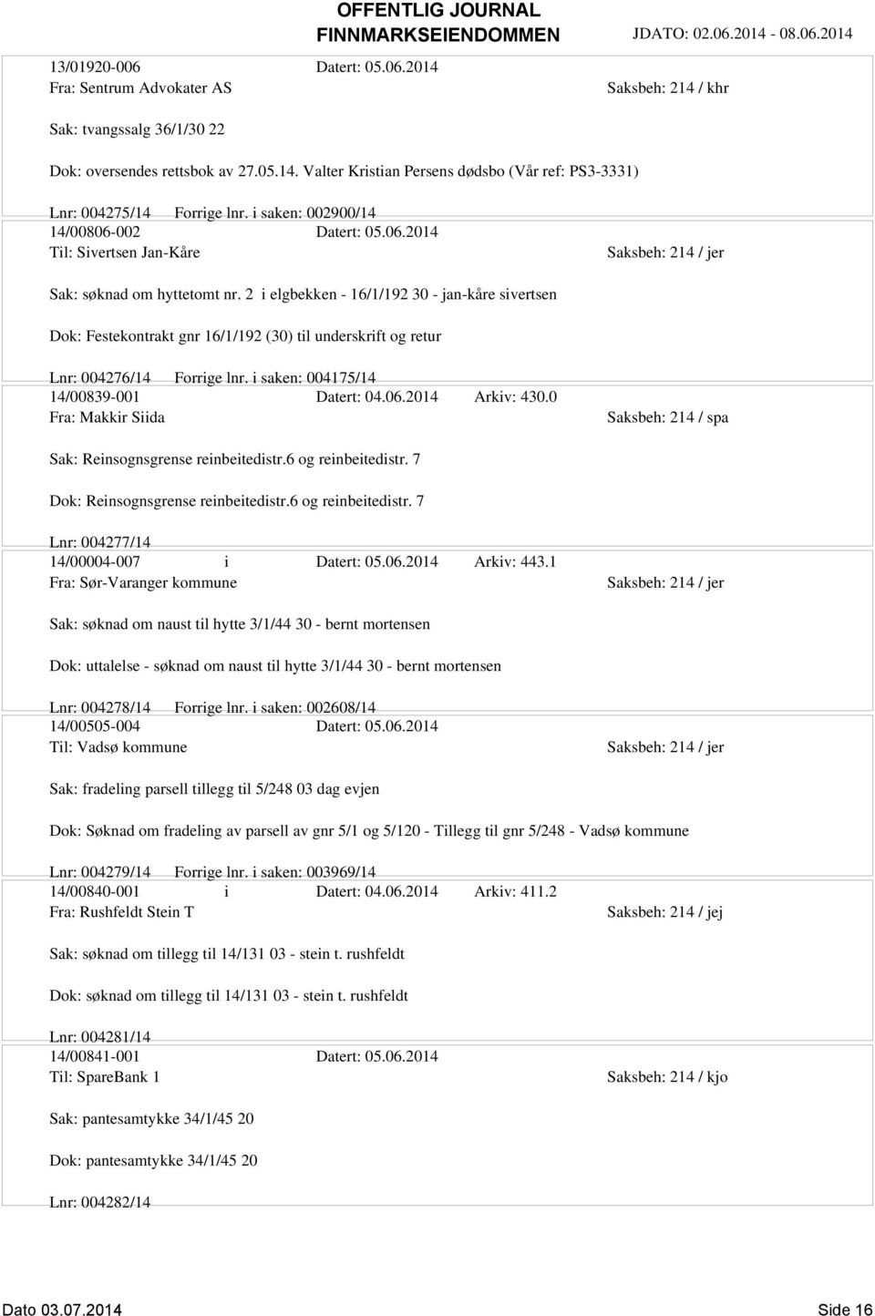 2 i elgbekken - 16/1/192 30 - jan-kåre sivertsen Dok: Festekontrakt gnr 16/1/192 (30) til underskrift og retur Lnr: 004276/14 Forrige lnr. i saken: 004175/14 14/00839-001 Datert: 04.06.