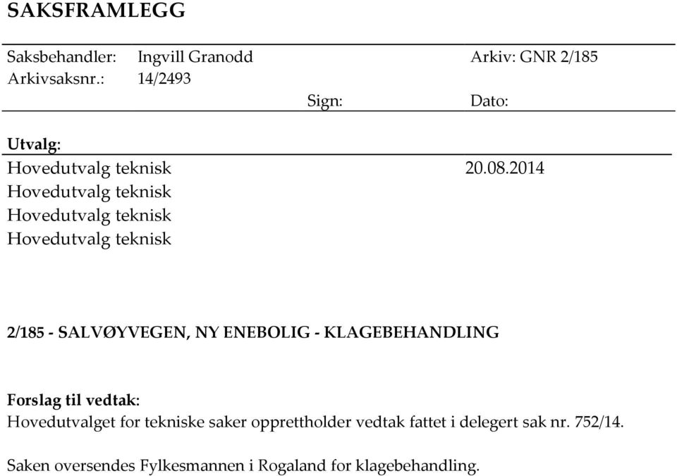 2014 Hovedutvalg teknisk Hovedutvalg teknisk Hovedutvalg teknisk 2/185 - SALVØYVEGEN, NY ENEBOLIG -