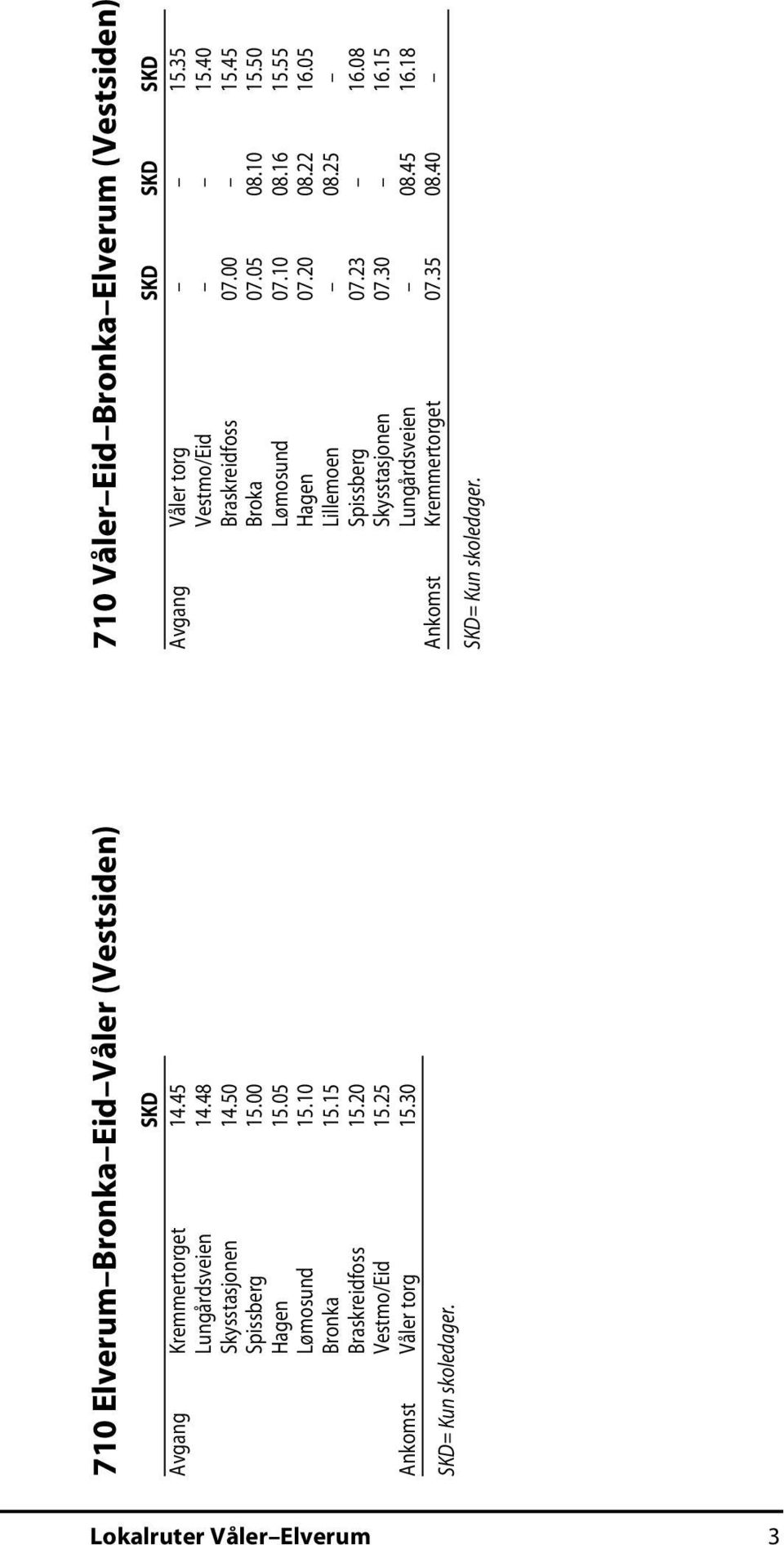 710 Våler Eid Bronka Elverum (Vestsiden) SKD SKD SKD Avgang Våler torg 15.35 Vestmo/Eid 15.40 Braskreidfoss 07.00 15.45 Broka 07.05 08.10 15.