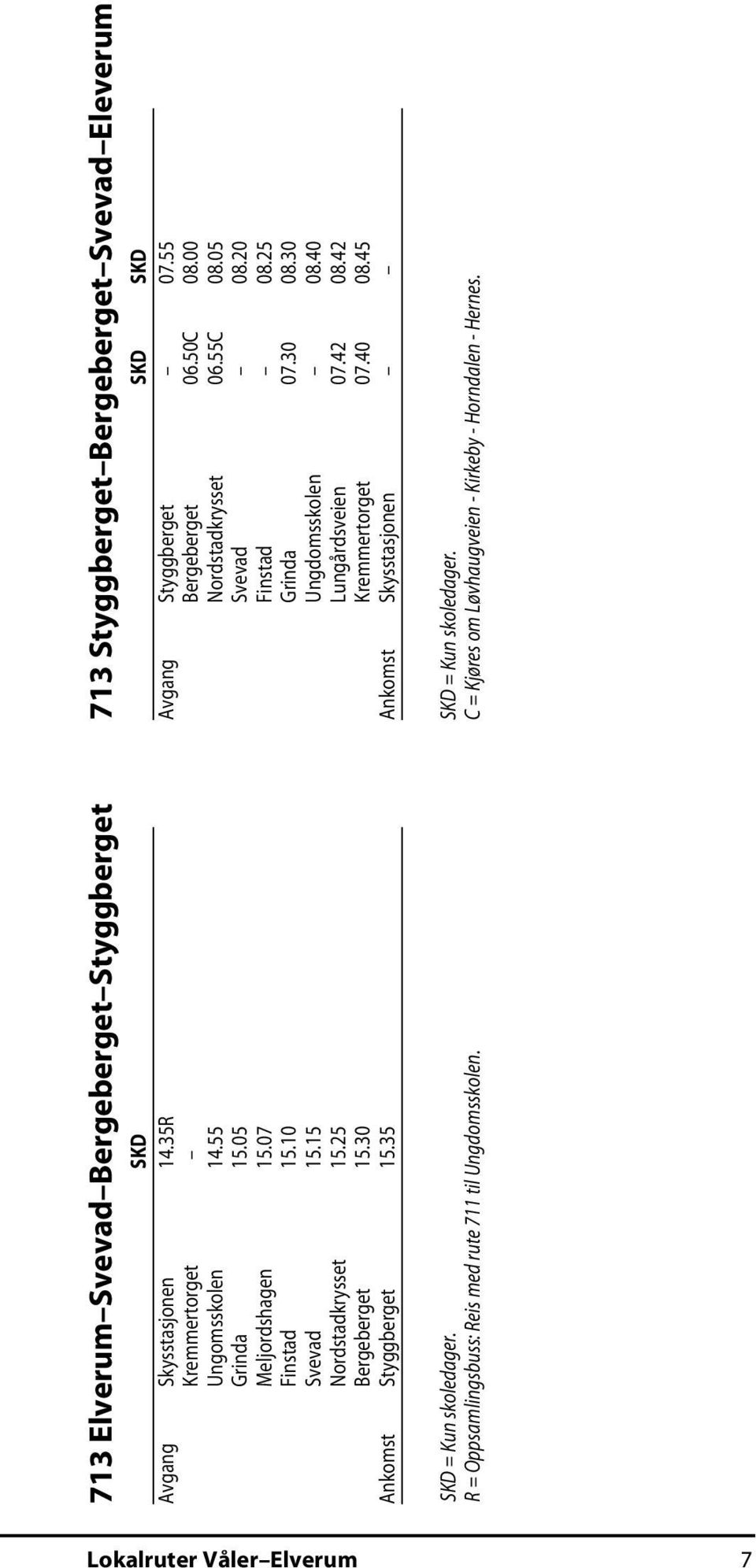 713 Styggberget Bergeberget Svevad Eleverum SKD SKD Avgang Styggberget 07.55 Bergeberget 06.50C 08.00 Nordstadkrysset 06.55C 08.05 Svevad 08.20 Finstad 08.25 Grinda 07.