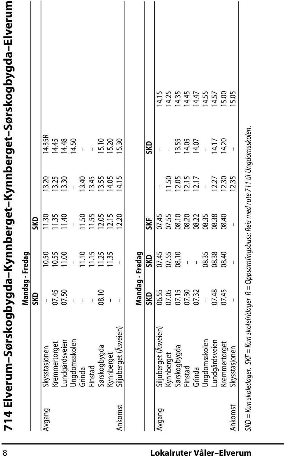 20 Ankomst Siljuberget (Åsveien) 12.20 14.15 15.30 Mandag - Fredag SKD SKD SKF SKD Avgang Siljuberget (Åsveien) 06.55 07.45 07.45 14.15 Kynnberget 07.05 07.55 07.55 11.50 14.25 Sørskogbygda 07.15 08.