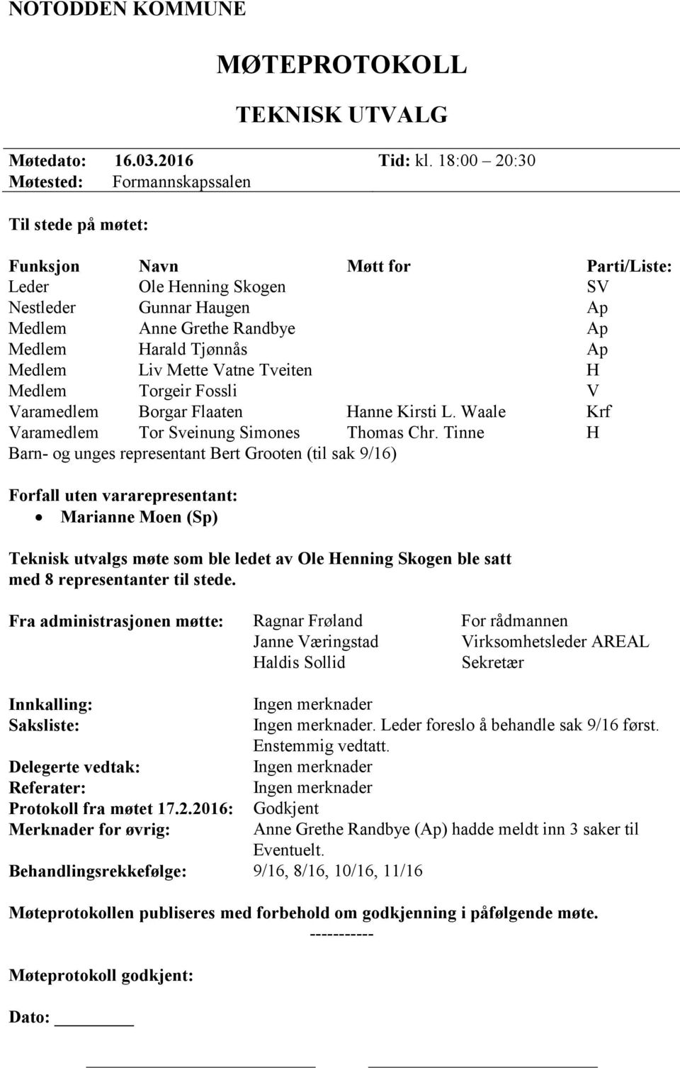 Tjønnås Ap Medlem Liv Mette Vatne Tveiten H Medlem Torgeir Fossli V Varamedlem Borgar Flaaten Hanne Kirsti L. Waale Krf Varamedlem Tor Sveinung Simones Thomas Chr.