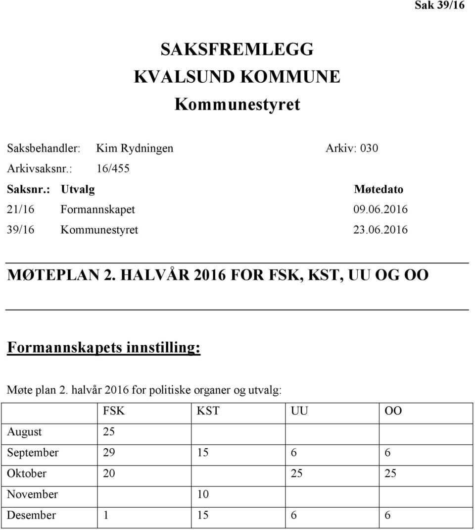 HALVÅR 2016 FOR FSK, KST, UU OG OO Formannskapets innstilling: Møte plan 2.
