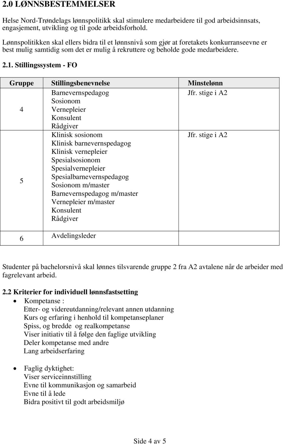 Stillingssystem - FO Gruppe Stillingsbenevnelse Minstelønn Barnevernspedagog Jfr.