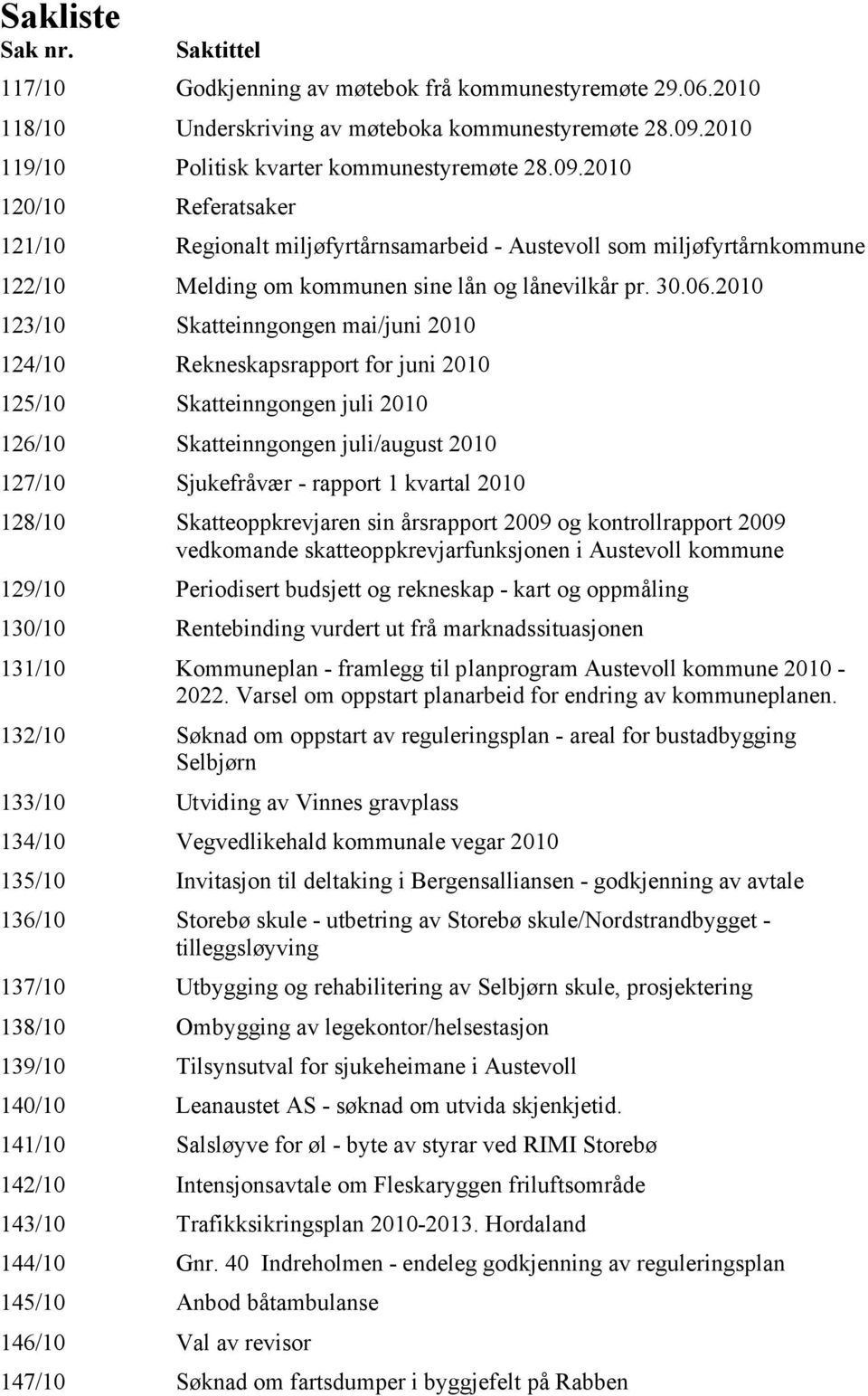 2010 120/10 Referatsaker 121/10 Regionalt miljøfyrtårnsamarbeid - Austevoll som miljøfyrtårnkommune 122/10 Melding om kommunen sine lån og lånevilkår pr. 30.06.