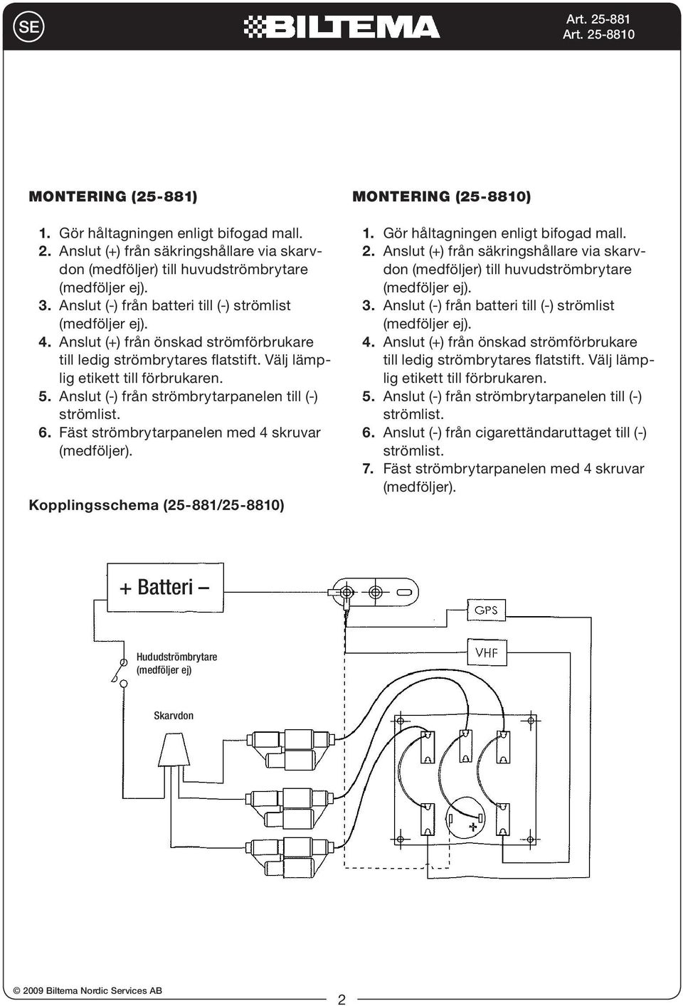 Anslut (-) från strömbrytarpanelen till (-) strömlist. 6. Fäst strömbrytarpanelen med 4 skruvar (medföljer). Kopplingsschema (25-881/25-8810) Montering (25-8810) 1.