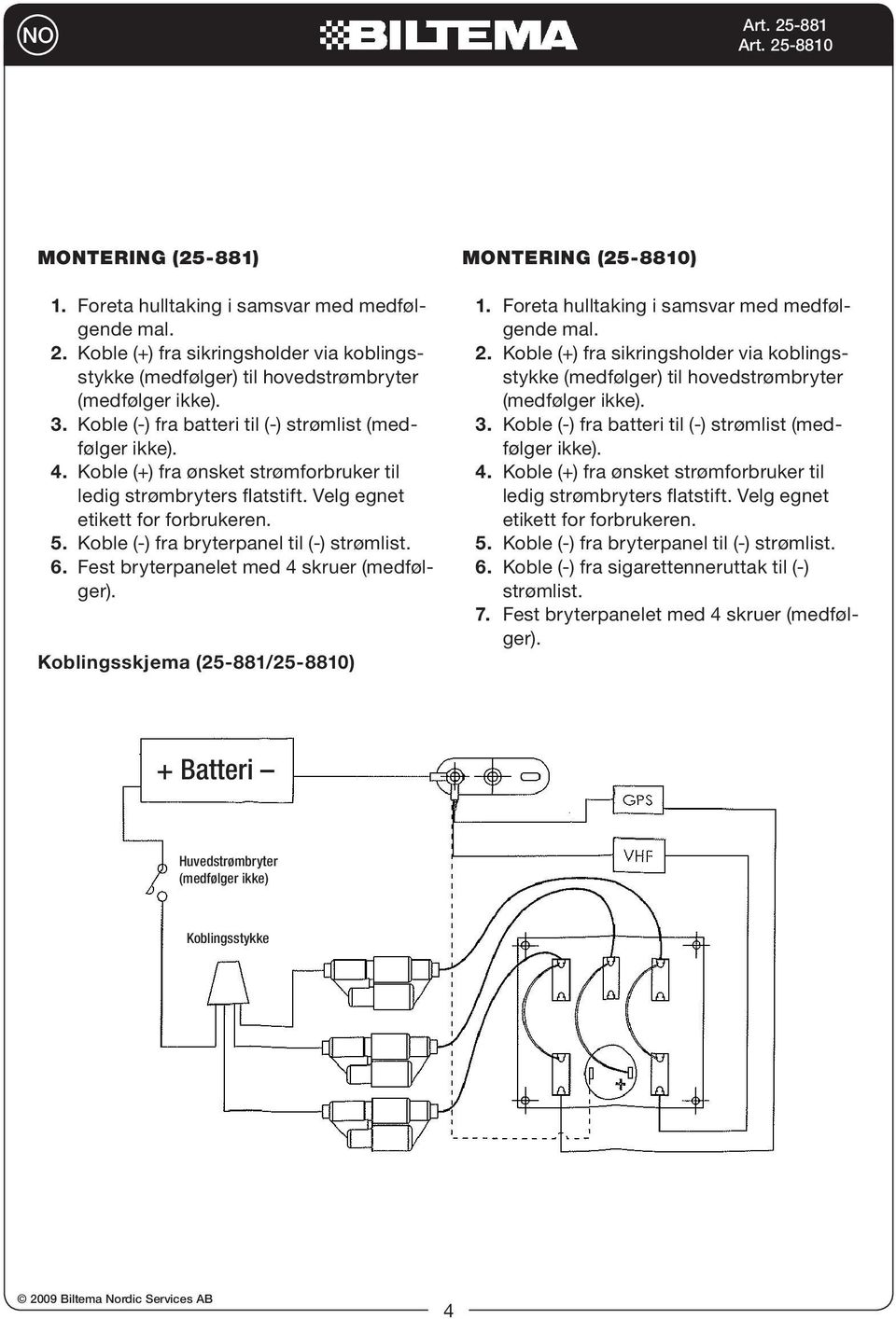 Koble (-) fra bryterpanel til (-) strømlist. 6. Fest bryterpanelet med 4 skruer (medfølger). Koblingsskjema (25-881/25-8810) Montering (25-8810) 1. Foreta hulltaking i samsvar med medfølgende mal. 2.