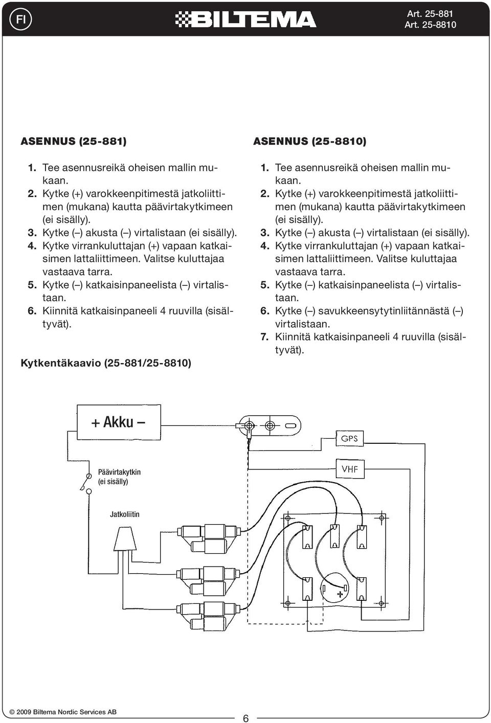 6. Kiinnitä katkaisinpaneeli 4 ruuvilla (sisältyvät). Kytkentäkaavio (25-881/25-8810) Asennus (25-8810) 1. Tee asennusreikä oheisen mallin mukaan. 2.