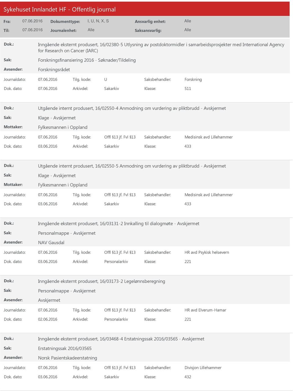 dato: Arkivdel: Sakarkiv 511 tgående internt produsert, 16/02550-4 Anmodning om vurdering av pliktbrudd - Klage - Fylkesmannen i Oppland Medisinsk avd Lillehammer 433 tgående internt produsert,