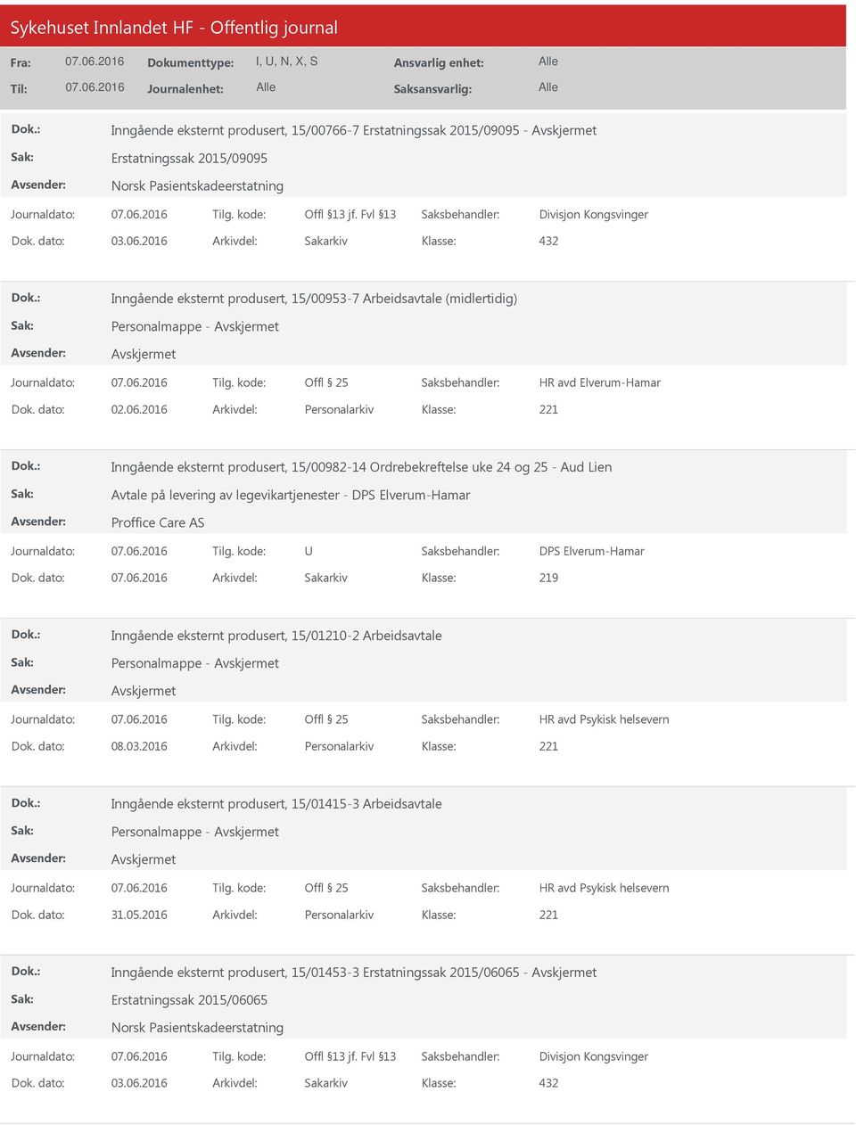 2016 Arkivdel: Personalarkiv Inngående eksternt produsert, 15/00982-14 Ordrebekreftelse uke 24 og 25 - Aud Lien Avtale på levering av legevikartjenester - DPS Elverum-Hamar Proffice Care AS DPS