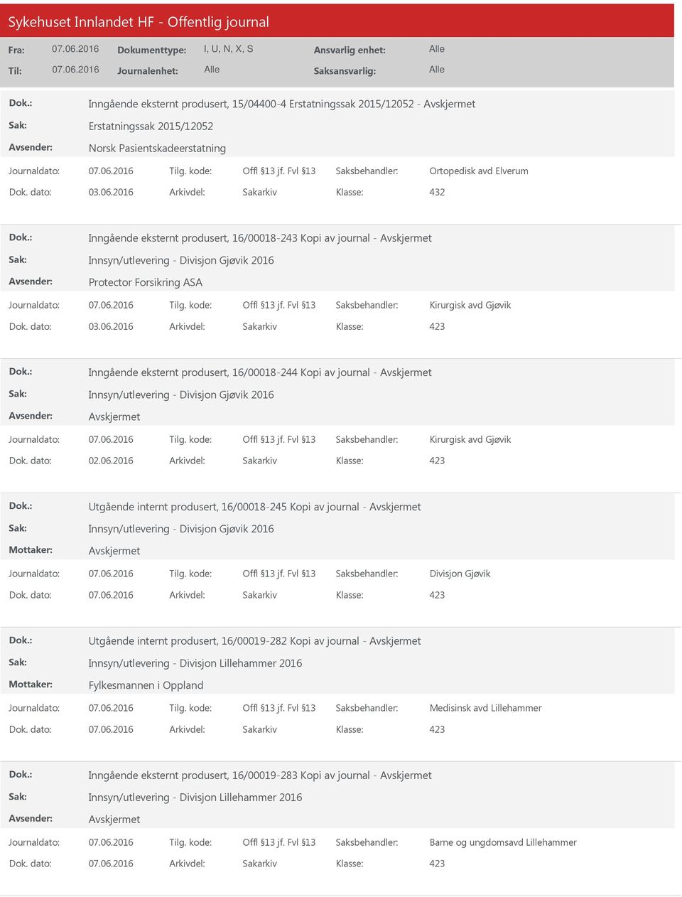 2016 Kirurgisk avd Gjøvik Dok. dato: 02.06.2016 Arkivdel: Sakarkiv tgående internt produsert, 16/00018-245 Kopi av journal - Innsyn/utlevering - Divisjon Gjøvik 2016 Divisjon Gjøvik Dok.