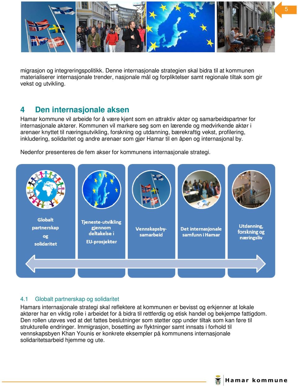 4 Den internasjonale aksen Hamar kommune vil arbeide for å være kjent som en attraktiv aktør og samarbeidspartner for internasjonale aktører.