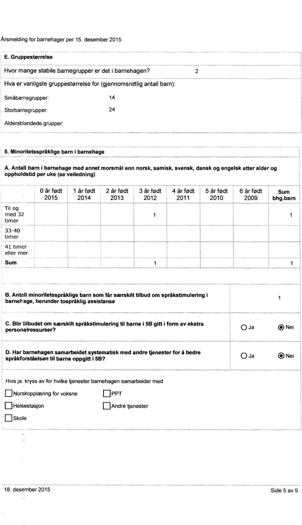 Antall barn i barnehage med annet morsmål enn norsk samisk svensk dansk og engelsk etter alder og oppholdstid per uke (se veiledning) år født år født 2 år født 3 år født 4 år født 205 204 203 : 202