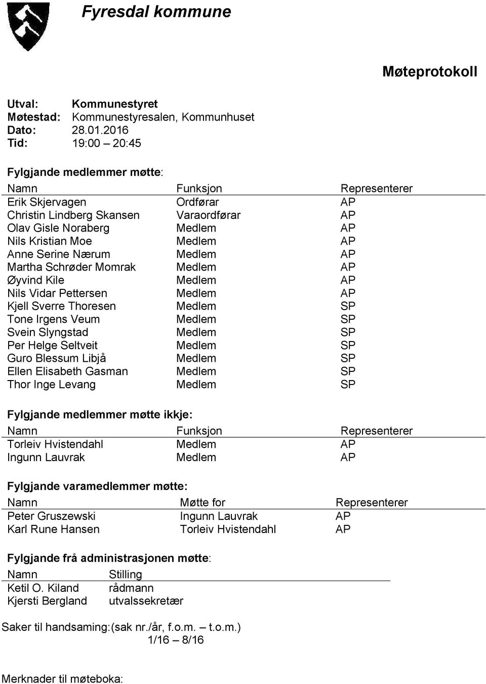 Medlem AP Anne Serine Nærum Medlem AP Martha Schrøder Momrak Medlem AP Øyvind Kile Medlem AP Nils Vidar Pettersen Medlem AP Kjell Sverre Thoresen Medlem SP Tone Irgens Veum Medlem SP Svein Slyngstad