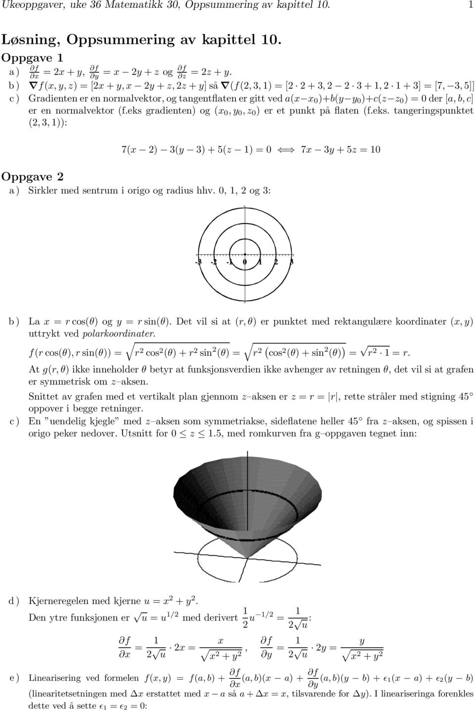 eks gradienten) og (,,z ) er et punkt på flaten (f.eks. tangeringspunktet (, 3, )): 7( ) 3( 3) + 5(z ) = 7 3 +5z = Oppgave a ) Sirkler med sentrum i origo og radius hhv.